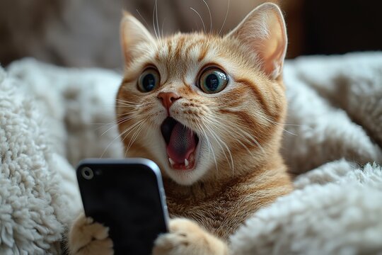 A fluffy pet cat looks into a smartphone and is surprised by the discounts. The concept of autumn discounts, black Friday sales