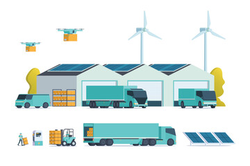 Modern flat Illustration of Green Sustainable Warehouse Building, storage. truck and container. Warehouse Management, Logistic Management. vector illustration