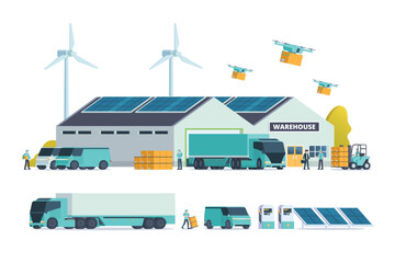 Fototapeta premium Modern flat Illustration of Green Sustainable Warehouse Building, storage. truck and container. Warehouse Management, Logistic Management. vector illustration