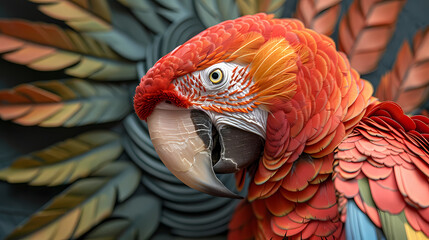 Fototapeta premium Luxurious Scarlet Macaw with an open tail, full face, jewelry
