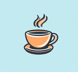 Obraz premium logo featuring a coffee cup illustration with steam, designed with bold lines and simple shapes against a light blue background. This flat design aesthetic is perfect for coffee enthusiasts.