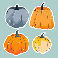 Autumn vector stickers of pumpkins of different shapes and sizes. Harvest season is a festival. Halloween. Thanksgiving. Warm natural fall colors. Vector for stickers, ad, patterns, greeting card	