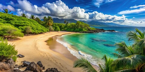 Obraz premium Turquoise waters gently lap against the shore, where soft white sand meets the vibrant green of lush vegetation on Maui's idyllic north coast.