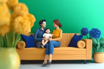 Obraz premium Side view of 3D family concept, made from paper craft, mom dad and baby sitting on the sofa, all face are happiness , all made from paper, pastel color, bright blue, green, yellow tone.