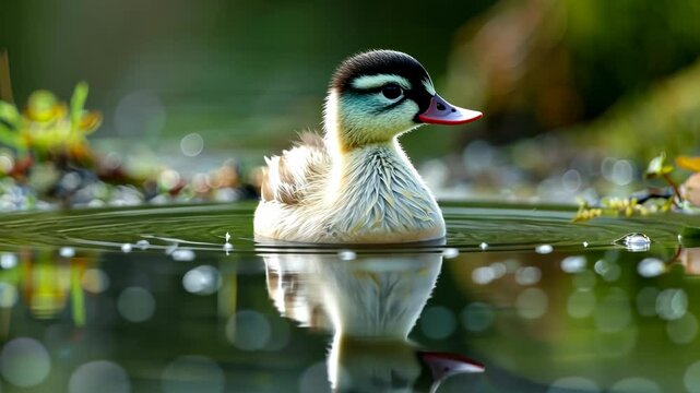 Charming shelduck chick swimming in serene water surrounded by lush greenery