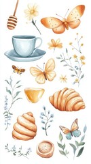 A delicate arrangement of butter croissants, butterflies, flowers, and a tea cup, perfect for a calming morning scene.