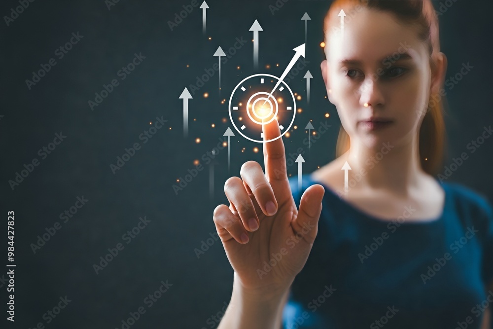 Poster a woman interacts with a digital interface, touching a glowing target-like icon with surrounding arr