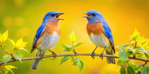 Fototapeta premium Two bluebirds flutter in the sky, their bright songs filling the air as they perch on lush green branches against a radiant yellow sun.