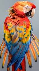 Naklejka premium Luxurious Scarlet Macaw with an open tail, full face, jewelry