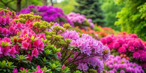 Vibrant azalea blooms cascade down the bush, a riot of pink and purple petals set against a backdrop of rich, emerald green foliage.