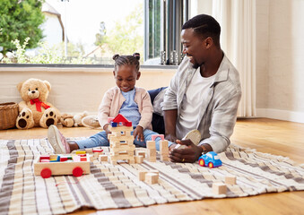 Black man, smile and building blocks with girl learning from father on floor of living room. Kid, growth and toys for child development with dad teaching daughter in home lounge for education