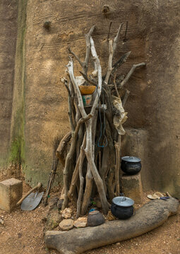 Benin, West Africa, Boukoumb&eacute;, fetish items protecting a traditional tata somba house
