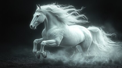 A white horse with long hair is running through the air