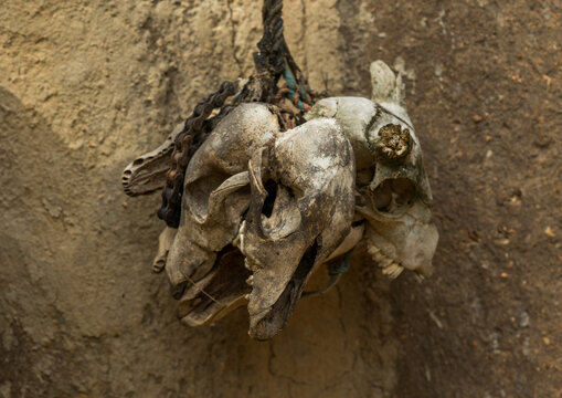 Benin, West Africa, Boukoumb&eacute;, fetish items protecting a traditional tata somba house