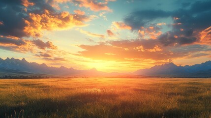 Obraz premium A beautiful sunset over a vast, empty field