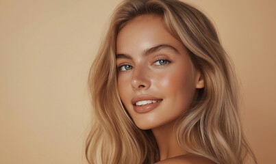 Fototapeta premium A blonde model with posing for a camera in a skincare commercial, against a beige background
