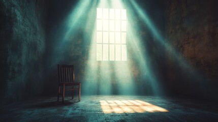A chair is sitting in a room with a window