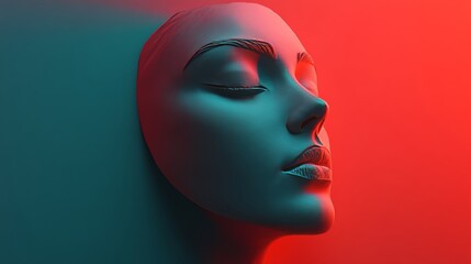 A woman's face is shown in a blue and red background