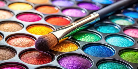 Naklejka premium Vibrant colors and micro-glitters align neatly in the palette, as a delicate brush strokes the surface, bringing beauty to life.