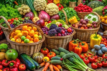 Vibrant colors burst forth from a diverse array of fresh fruits and vegetables, celebrating nature's bountiful harvest in a feast for the eyes and taste buds.