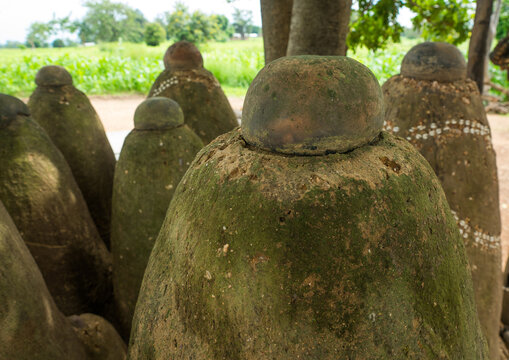Benin, West Africa, Boukoumb&eacute;, voodoo altars in front of a traditional tata somba somba house