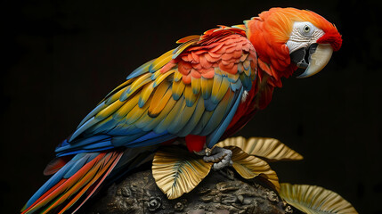 Obraz premium Luxurious Scarlet Macaw with an open tail, full face, jewelry