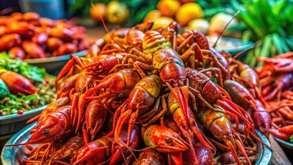 Fototapeta premium Vibrant crawfish with iridescent shells glisten in the market's bright lights, their wiggling antennae drawing a crowd of fascinated onlookers.
