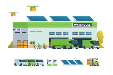 Modern flat Illustration of Green Sustainable Warehouse Building, storage. truck and container. Warehouse Management, Logistic Management. vector illustration