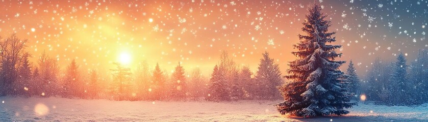 Naklejka premium A serene winter landscape featuring snow-covered trees under a glowing sunset, creating a peaceful and magical atmosphere.
