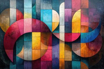 Fototapeta premium abstract expressionist painting bold brushstrokes vibrant color palette geometric shapes intertwining emotional depth largescale canvas gallery lighting