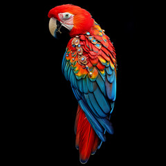 Fototapeta premium Luxurious Scarlet Macaw with an open tail, full face, jewelry