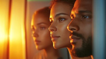 Three Young Adults Watching Sunset Through a Window, Contemplative and Serene