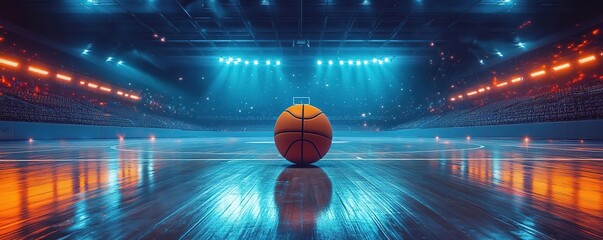 A vibrant basketball on a polished court, illuminated by dynamic stadium lights, ready for an exciting game.