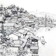 Fototapeta premium Japanese-style 2D illustrator doodle cartoon for floor tiles and wallpaper