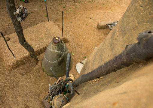 Benin, West Africa, Boukoumb&eacute;, altar in front of a traditional tata somba house viewed from the terrace