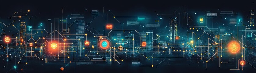 Futuristic digital cityscape with vibrant lights and interconnected lines, showcasing technology and innovation.
