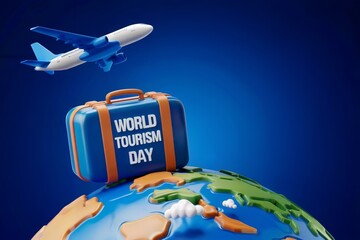 Airplane flying over globe with suitcase. Vibrant style. Travel and exploration concept. Suitable for international travel agencies. For design, print, banner, card with copy space.