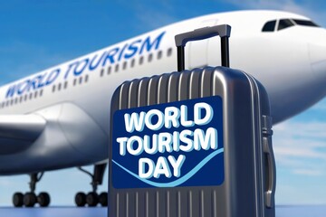 Obraz premium World tourism day celebration with airplane and suitcase highlighting global travel