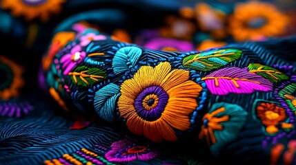 Colorful floral embroidery blooms vividly on dark fabric, a masterpiece of fine craftsmanship.
