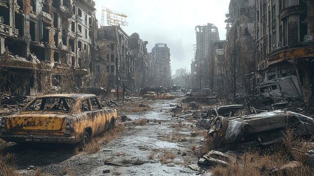 Abandoned street in a destroyed city showcasing dilapidated buildings and wrecked cars, evoking a sense of decay and desolation.