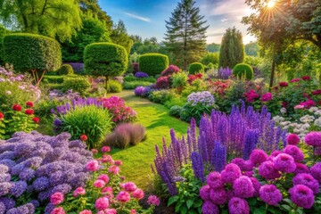 Vibrant purple blooms thrive in lavish gardens, emitting a soothing aura of tranquility and plenty, a haven for the senses.