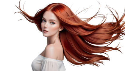  long woman portrait space wind flying banner red beautiful straight hair copy portrait beautiful red woman long straight hair model care style elegant healthy dress salon coiffure make-up girl
