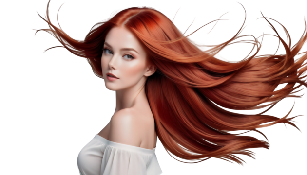  long woman portrait space wind flying banner red beautiful straight hair copy portrait beautiful red woman long straight hair model care style elegant healthy dress salon coiffure make-up girl