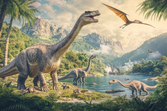 Fototapeta A group of dinosaurs against an exotic landscape background.