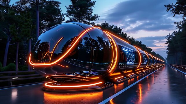 A futuristic train weaves through a dense forest at dusk, its sleek design illuminated by twilight.