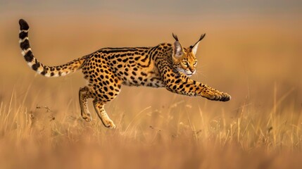 Obraz premium Powerful and Agile Leopard Stalking Prey in Golden Savanna Landscape