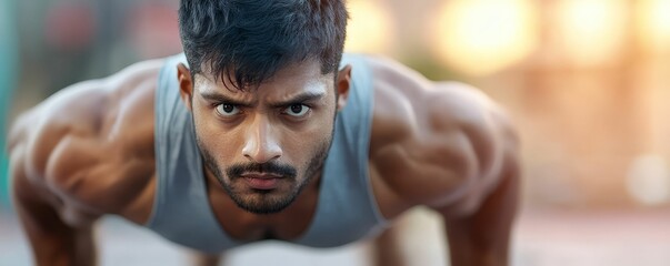 Indian man performing push-ups in an outdoor gym, highlighting dedication to fitness and strength
