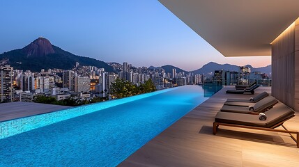 Fototapeta premium An infinity pool stretches toward the city skyline at dusk, the view breathtaking and serene.