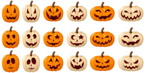 Halloween Pumpkin Set of different shape and colors. Smiling cartoon lantern faces. Helloween holiday characters. Vector 3d illustration isolated on transparent background