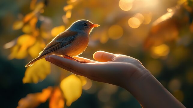 A serene moment captured as a bird rests gently on a hand, surrounded by a soft, glowing natural backdrop.